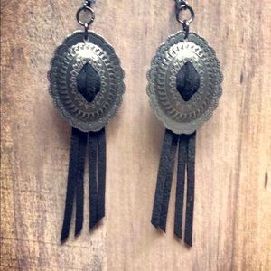 Custom made, leather fringe concho earrings